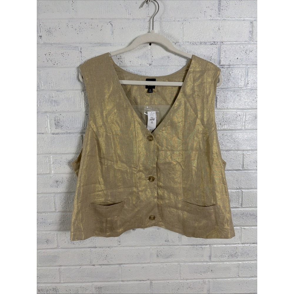 GAP Linen Blend Vest Womens XL Tall Metallic Gold Button Front Sleeveless Top - Picture 2 of 11